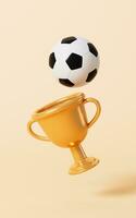 tekenfilm Amerikaans voetbal en trofee in de geel achtergrond, 3d weergave. foto