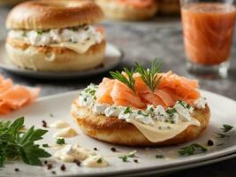 ai gegenereerd alles bagel met gerookt Zalm, spinazie, rood uien, avocado en room kaas over- een rustiek hout tafel foto