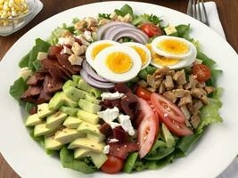 ai gegenereerd gezond cobb salade met kip, avocado, spek, tomaat, kaas en eieren. Amerikaans voedsel. foto