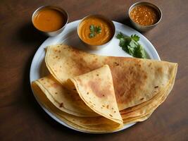 ai gegenereerd dosa zuiden Indië, gemaakt van een gefermenteerd beslag overwegend bestaande van linzen en rijst. gestileerd met sambar, chutney, bhaji, in kom en sommige drumstokken foto