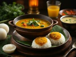 ai gegenereerd werkeloos sambar of idli met sambhar en groente, rood chutney. populair zuiden Indisch ontbijt foto