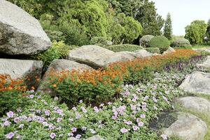 toneel- visie van een mooi bloem stijl landschap tuin met een groen gemaaid gazon en kleurrijk bloem bed met selectief focus foto