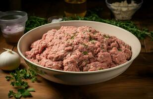 ai gegenereerd rauw fijngehakt vlees varkensvlees voedsel met salade. genereren ai foto