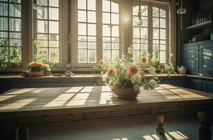 ai gegenereerd keuken hout tafel bloemen. genereren ai foto