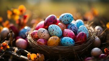 ai gegenereerd een detailopname van een mand gevulde met levendig Pasen eieren in een met gras begroeid instelling. foto