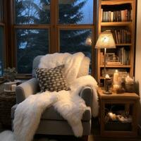 ai gegenereerd een lezing hoekje met een comfortabel fauteuil en een boekenplank gevulde met winter-thema leest, foto