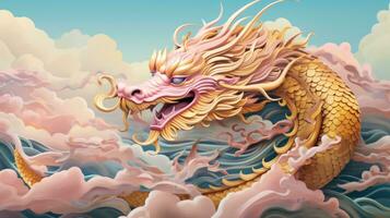 ai gegenereerd een mooi Chinese draak in tinten van roze en goud, foto