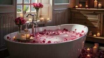 ai gegenereerd een badkamer versierd met hartvormig zepen, handdoeken, en een roos bloemblaadjes gevuld foto