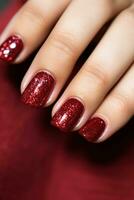 ai gegenereerd rood schitteren nagel manicure foto