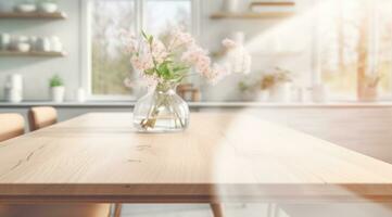 ai gegenereerd geïsoleerd houten keuken tafel in abstract wit interieur met Doorzichtig glas, foto