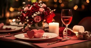 ai gegenereerd de Valentijn avondeten menu Bij de handpalmen, foto