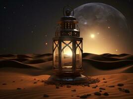 ai gegenereerd oud Arabisch lantaarn met een lantaarn Aan top van woestijn, foto