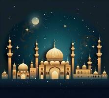 ai gegenereerd gelukkig mubarak met gouden halve maan, gouden moskee en kamelen foto