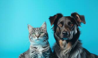 ai gegenereerd honden en katten samen Aan een blauw achtergrond, foto