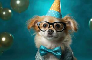 ai gegenereerd verjaardag partij hond in bril, foto
