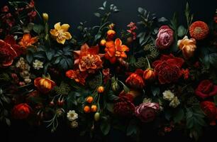 ai gegenereerd mooi bloemen in divers kleuren Aan een zwart achtergrond, foto