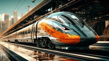 ai gegenereerd een oranje en zilver trein te hard rijden naar beneden de trein sporen, foto