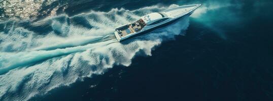 ai gegenereerd een antenne schot van een speedboot te hard rijden door de water, foto