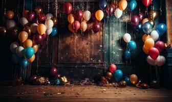 ai gegenereerd een houten achtergrond in welke gekleurde confetti is gebonden naar kleurrijk ballonnen, foto