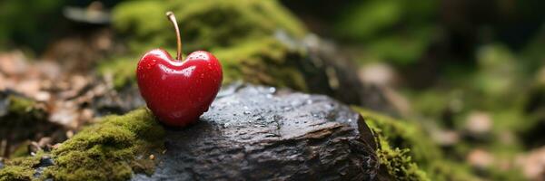 ai gegenereerd een hart vormig kers Aan een mos en kiezelsteen bed met helder rood en aards kleur tonen foto