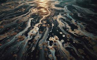 ai gegenereerd olie vlekken in de zee olie morsen op stranden en waterwegen. foto