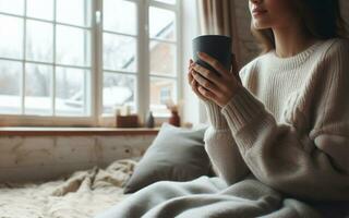 ai gegenereerd jong vrouw houdt een heet drinken in haar hand- binnen de warm huis Aan de leven kamer sofa vrouw drinken heet koffie buiten de venster shows een besneeuwd winter visie foto