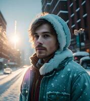 ai gegenereerd Mens in een besneeuwd straat foto