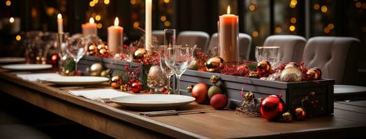 ai gegenereerd Kerstmis dining tafel decoratie. foto