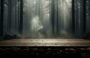 ai gegenereerd een hout tafel in een donker Woud met lichten foto