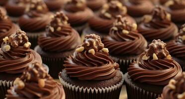 ai gegenereerd een groot groep van chocola cupcakes met walnoten foto