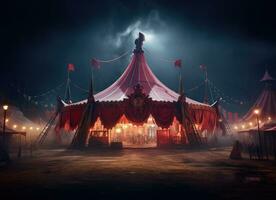 ai gegenereerd een circus tent Bij nacht met een rood tent tegen wit achtergrond foto