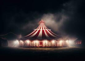 ai gegenereerd een circus tent Bij nacht met een rood tent tegen wit achtergrond foto
