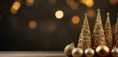 ai gegenereerd een Kerstmis boom en goud ballen Aan een houten tafel foto