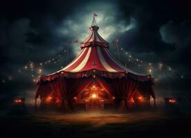 ai gegenereerd een circus tent Bij nacht met een rood tent tegen wit achtergrond foto