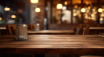 ai gegenereerd houten tafel in restaurant of cafe met wazig verlichting foto