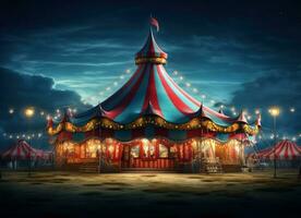 ai gegenereerd rood en geel circus tent Bij nacht met lichten foto