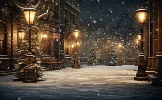 ai gegenereerd 's nachts straat verlichting is een voorbeeld van Kerstmis lichten in de winter foto