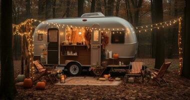 ai gegenereerd een oud klasse camper reeks omhoog in de bossen langs met tafel en een veel van accessoires foto