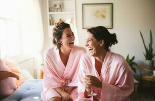 ai gegenereerd twee Dames in Jurken zittend in een kamer foto