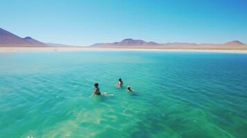 ai gegenereerd mensen zwemmen in de Doorzichtig blauw water van de bosque de Bolivia foto