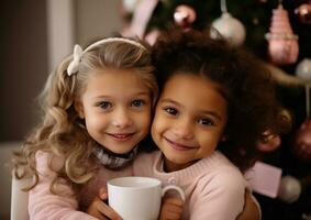 ai gegenereerd schattig meisjes in de buurt Kerstmis boom foto