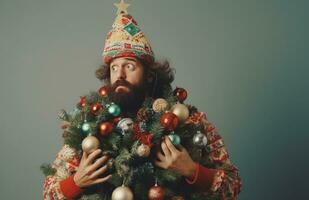 ai gegenereerd Mens in de kerstman hoed met een Kerstmis boom foto