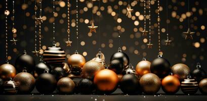 ai gegenereerd Kerstmis zwart goud schitteren goud metalen decoraties. foto