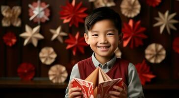 ai gegenereerd Aziatisch jongen Holding rood papier fans foto