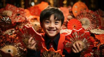 ai gegenereerd Aziatisch jongen Holding rood papier fans foto