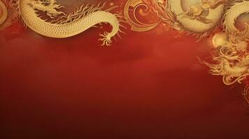 ai gegenereerd Chinese vakantie achtergrond met draak, donker rood en goud, groot copyspace Oppervlakte foto