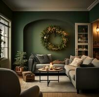 ai gegenereerd een grijs leven ruimte versierd voor kerstmis, met een lauwerkrans, Kerstmis boom en twee grijs banken, foto