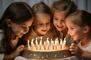 ai gegenereerd groep van kinderen zetten kaarsen Aan een taart foto