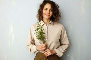 ai gegenereerd vrouw Holding pijnboom Afdeling in de hand, foto