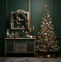 ai gegenereerd wit Kerstmis boom met klein decoraties Aan de verdieping en TV reeks foto